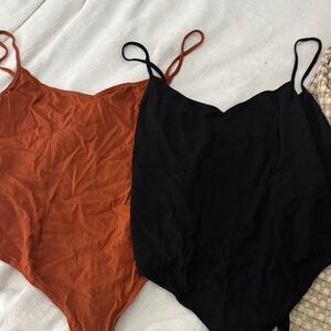 Free People Rust Orange and Black Ribbed Spaghetti Strap Bodysuits